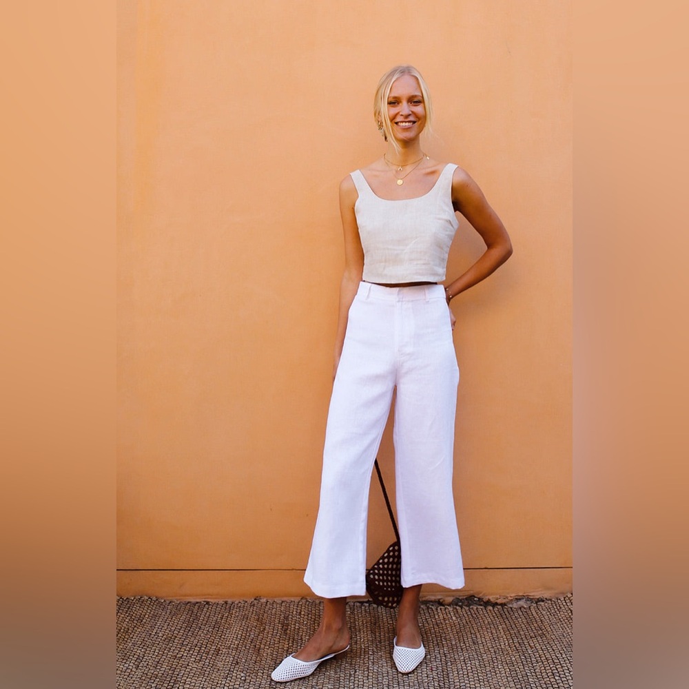 RHODES Pants white linen High Waisted Wide Legged Cropped Medium 153$